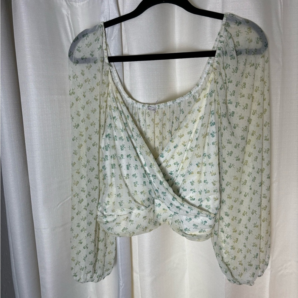 Free People Sheer Floral Wrap Crop Top in Light Green and Cream